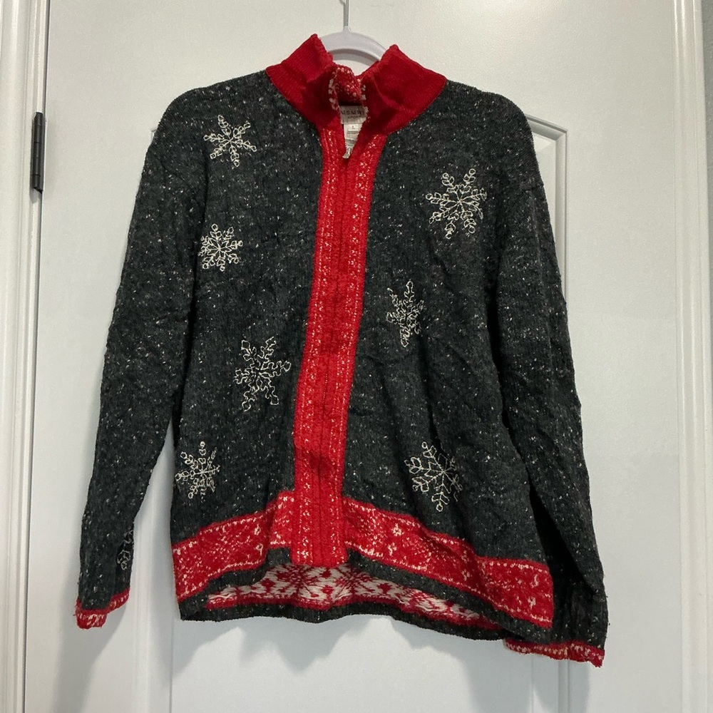 Jones New York Sport Wool Blend Snowflake Zip Sweater Size L